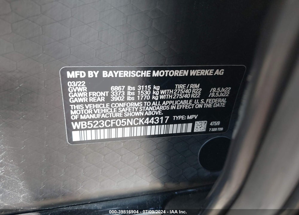 2022 BMW IX XDRIVE50 VIN: WB523CF05NCK44317