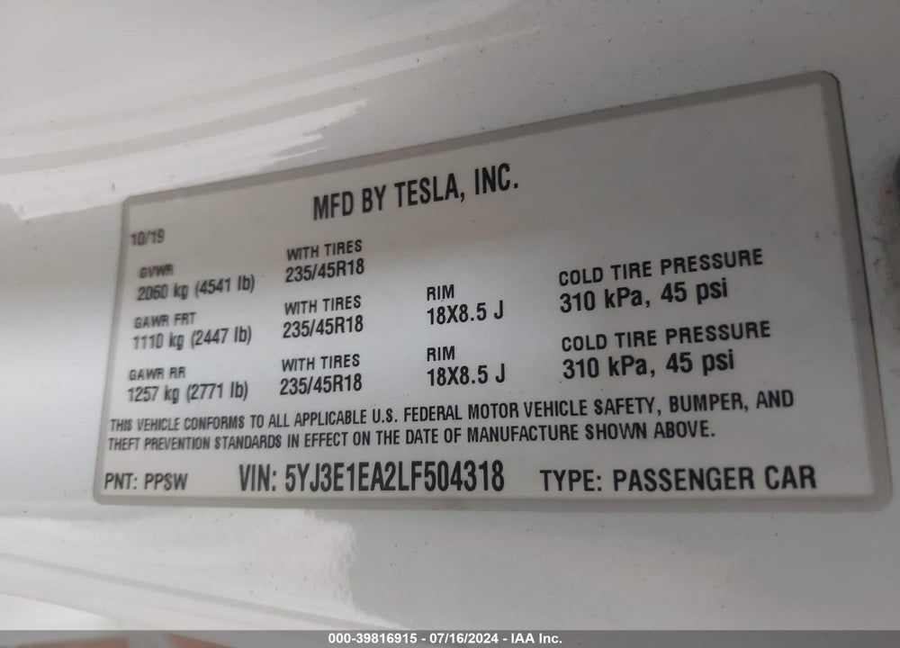 2020 TESLA MODEL 3 STANDARD RANGE PLUS REAR-WHEEL DRIVE/STANDARD RANGE REAR-WHEEL DRIVE VIN: 5YJ3E1EA2LF504318