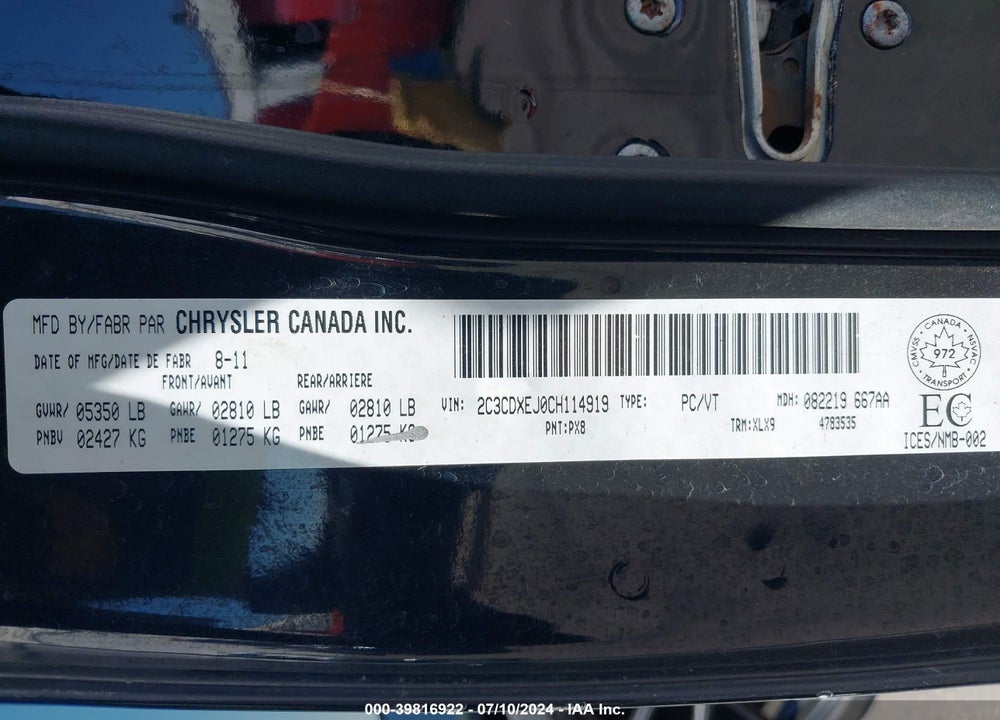 2012 DODGE CHARGER SRT8 VIN: 2C3CDXEJ0CH114919