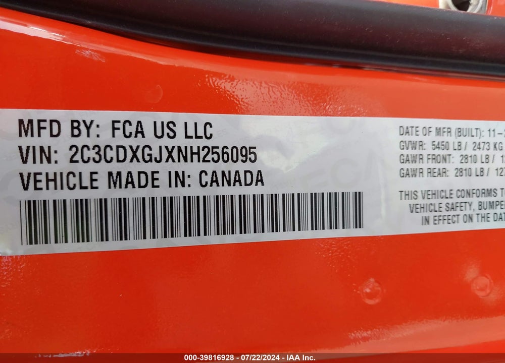 2022 DODGE CHARGER SCAT PACK VIN: 2C3CDXGJXNH256095