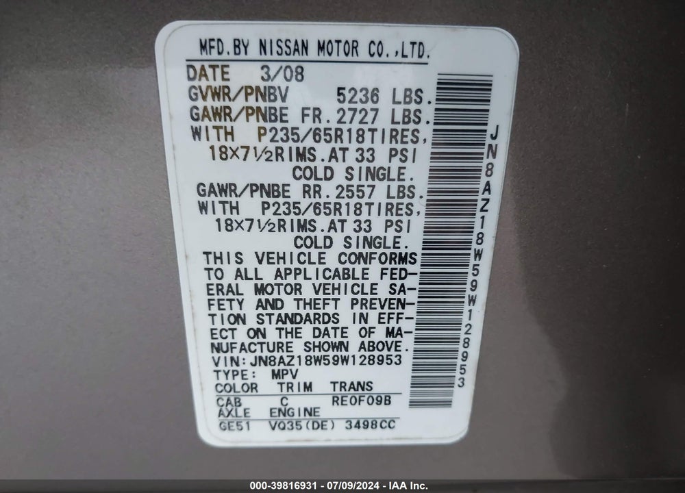 2009 NISSAN MURANO S VIN: JN8AZ18W59W128953