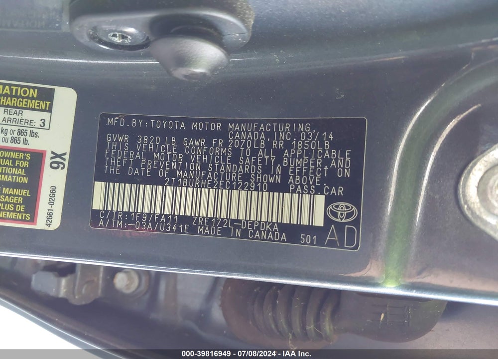 2014 TOYOTA COROLLA L VIN: 2T1BURHE2EC122910