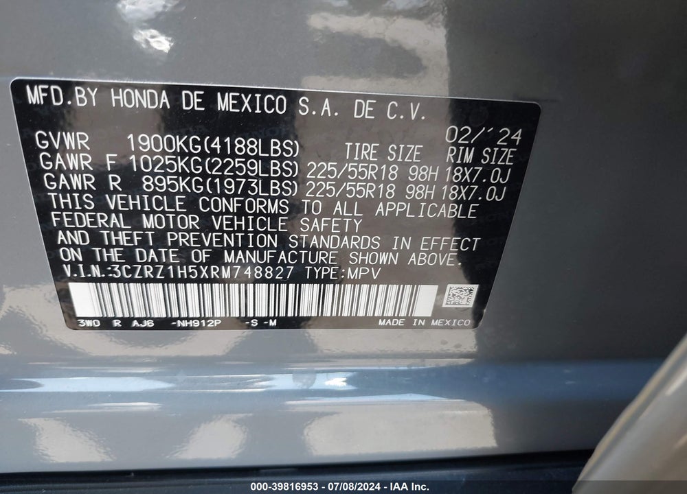 2024 HONDA HR-V 2WD SPORT/2WD SPORT W/O BSI VIN: 3CZRZ1H5XRM748827