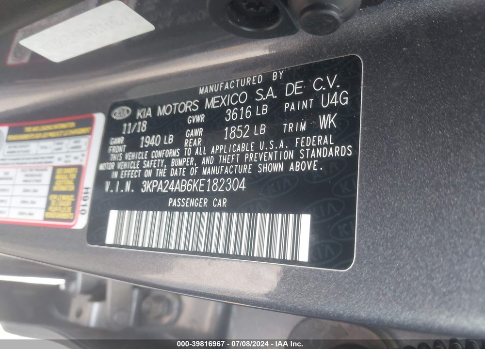 2019 KIA RIO S VIN: 3KPA24AB6KE182304