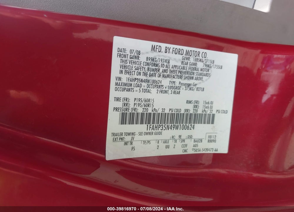 2009 FORD FOCUS SE VIN: 1FAHP35N49W100624