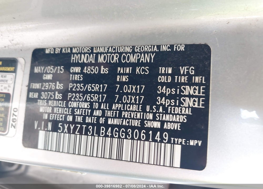 2016 HYUNDAI SANTA FE SPORT 2.4L VIN: 5XYZT3LB4GG306149