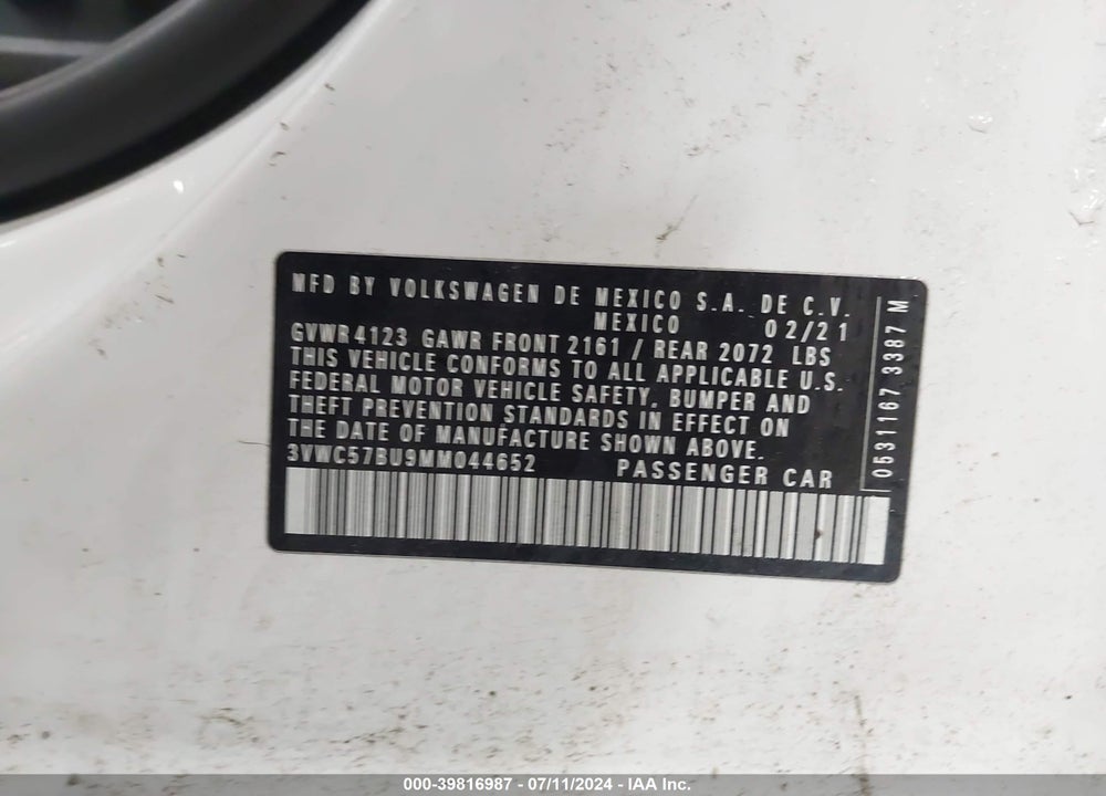 2021 VOLKSWAGEN JETTA 1.4T R-LINE/1.4T S/1.4T SE VIN: 3VWC57BU9MM044652