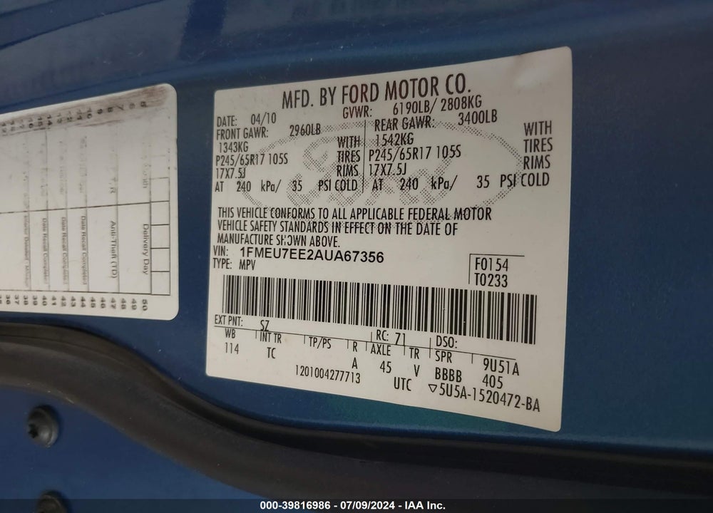 2010 FORD EXPLORER EDDIE BAUER VIN: 1FMEU7EE2AUA67356
