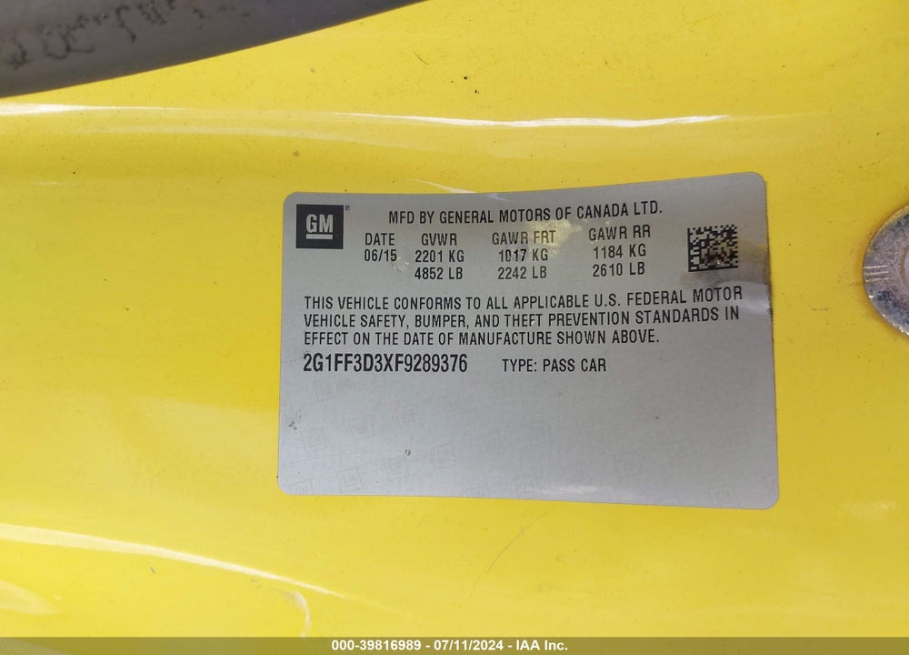2015 CHEVROLET CAMARO 2LT VIN: 2G1FF3D3XF9289376