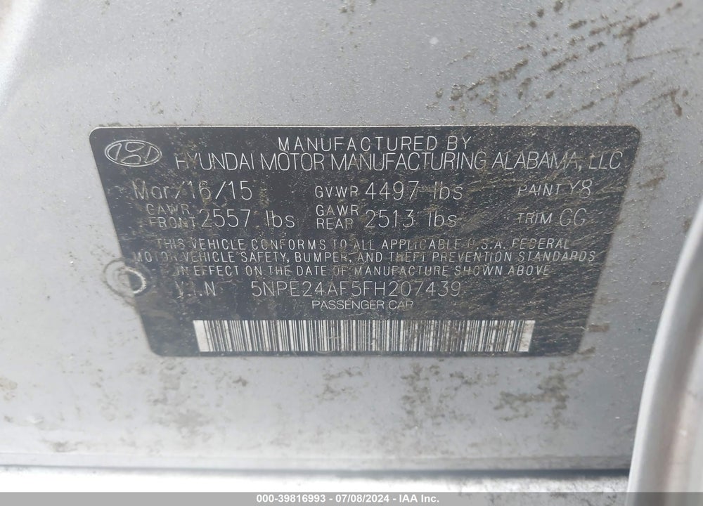 2015 HYUNDAI SONATA SE VIN: 5NPE24AF5FH207439