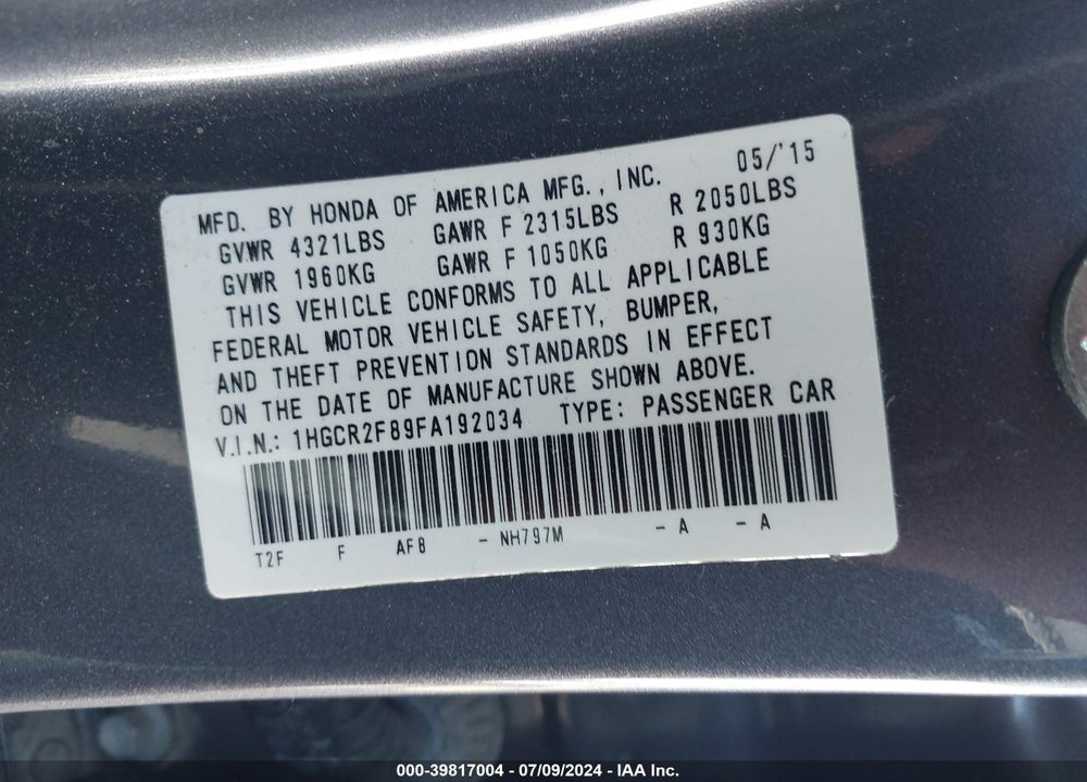 2015 HONDA ACCORD EX-L VIN: 1HGCR2F89FA192034