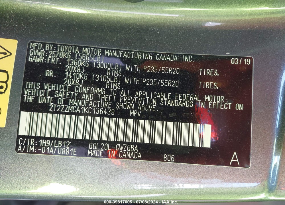2019 LEXUS RX 350 VIN: 2T2ZZMCA1KC136439
