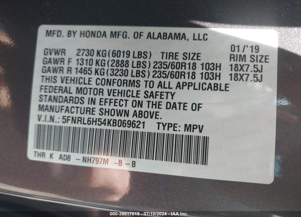 2019 HONDA ODYSSEY EX VIN: 5FNRL6H54KB069621