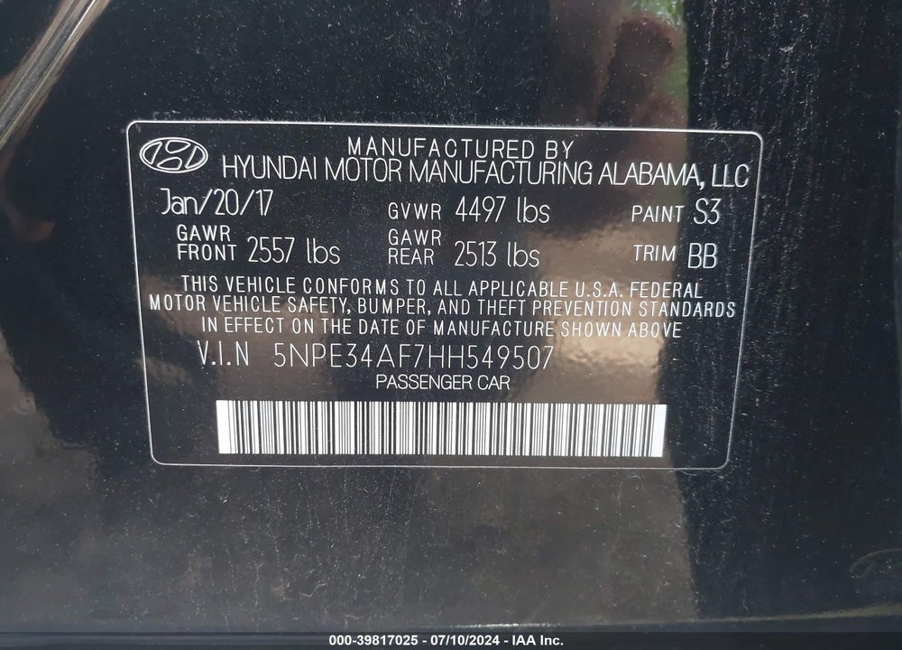 2017 HYUNDAI SONATA LIMITED VIN: 5NPE34AF7HH549507
