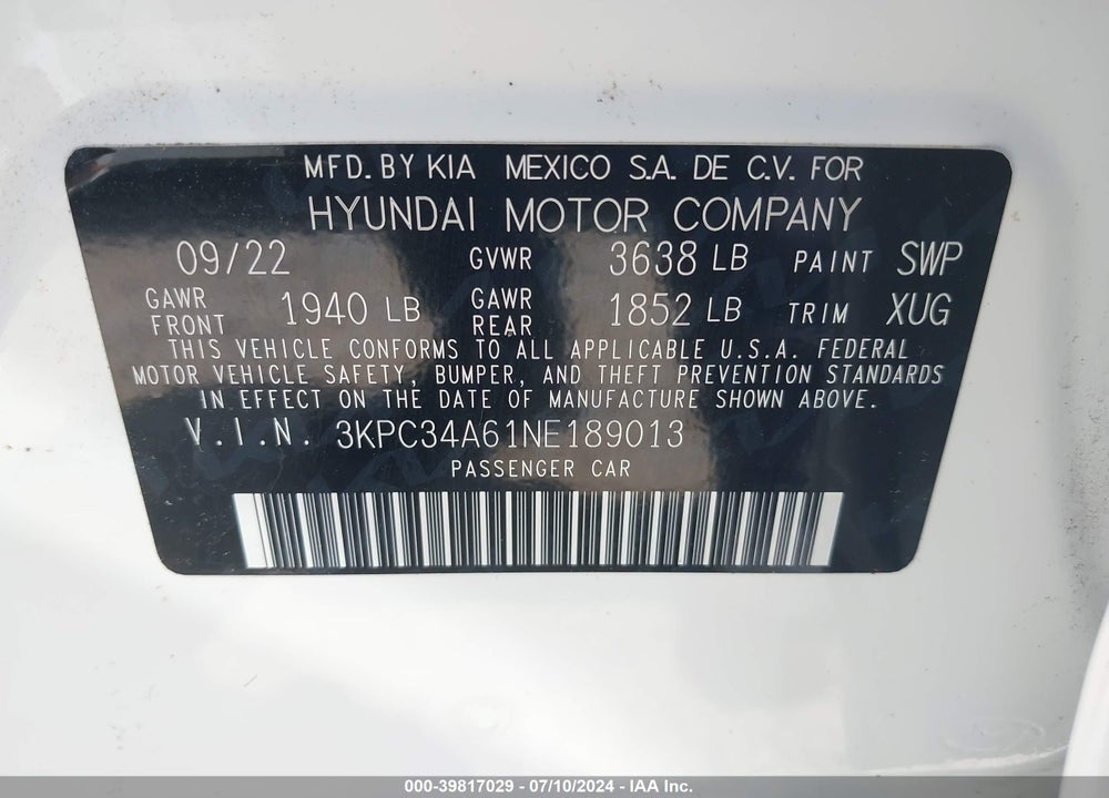 2022 HYUNDAI ACCENT LIMITED VIN: 3KPC34A61NE189013