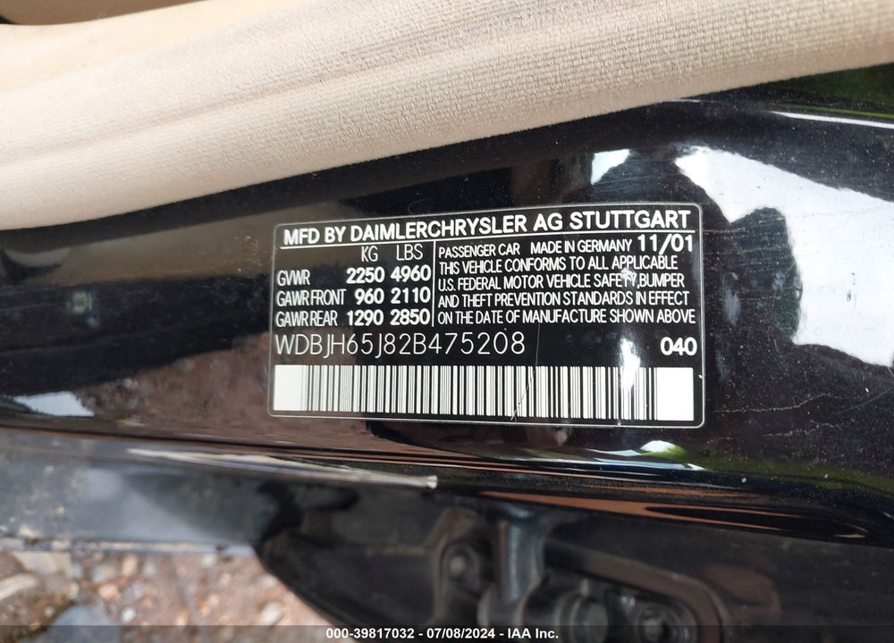 2002 MERCEDES-BENZ E 320 VIN: WDBJH65J82B475208