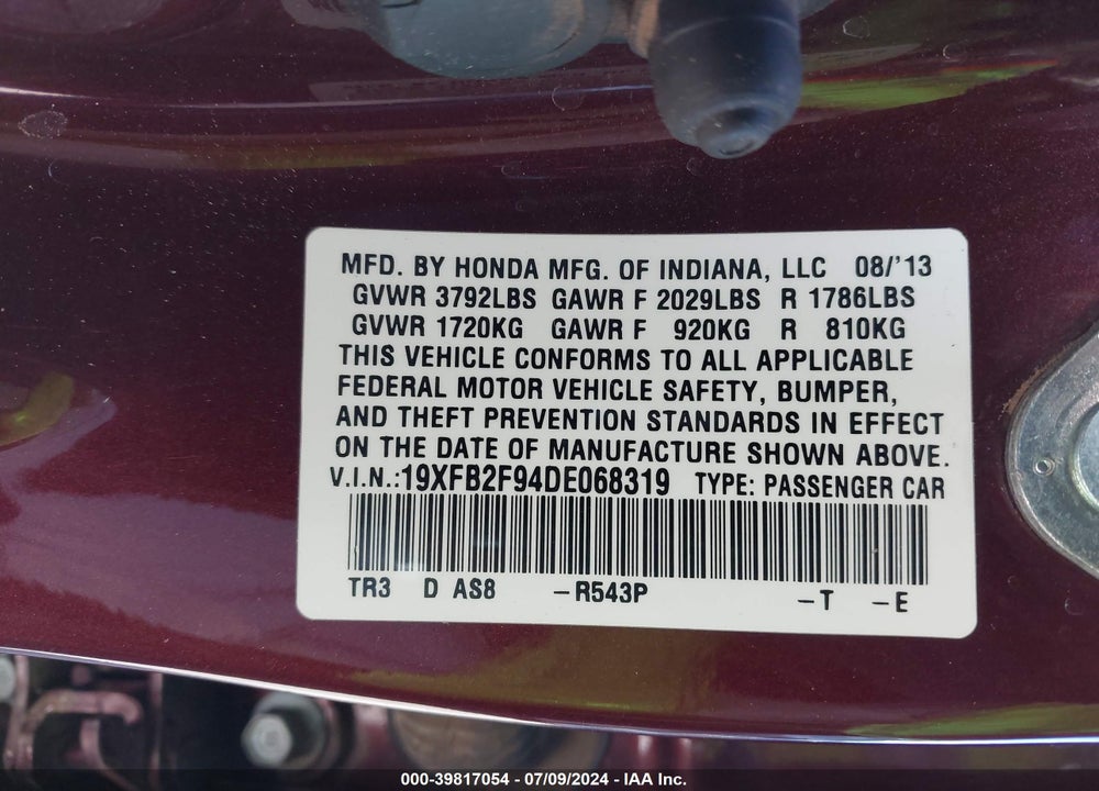 2013 HONDA CIVIC EX-L VIN: 19XFB2F94DE068319