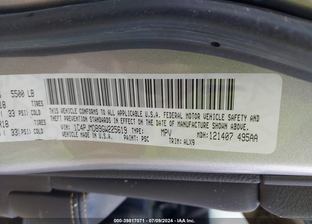 2016 JEEP CHEROKEE LIMITED VIN: 1C4PJMDB9GW225619