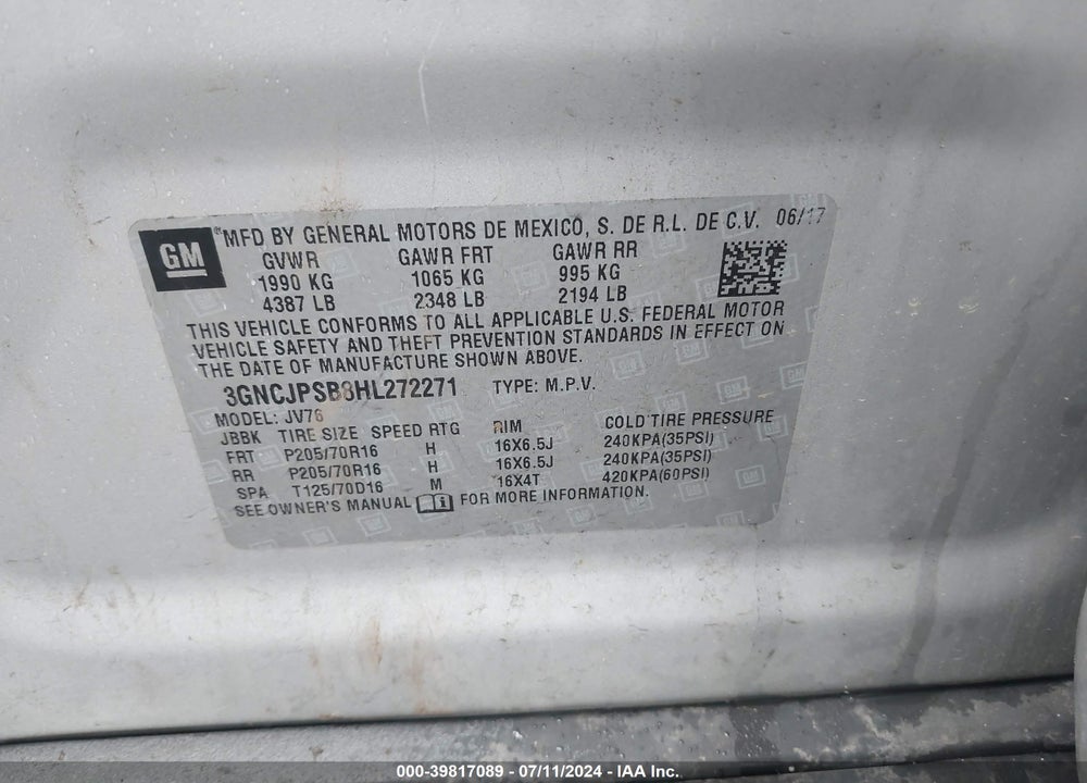 2017 CHEVROLET TRAX LT VIN: 3GNCJPSB8HL272271