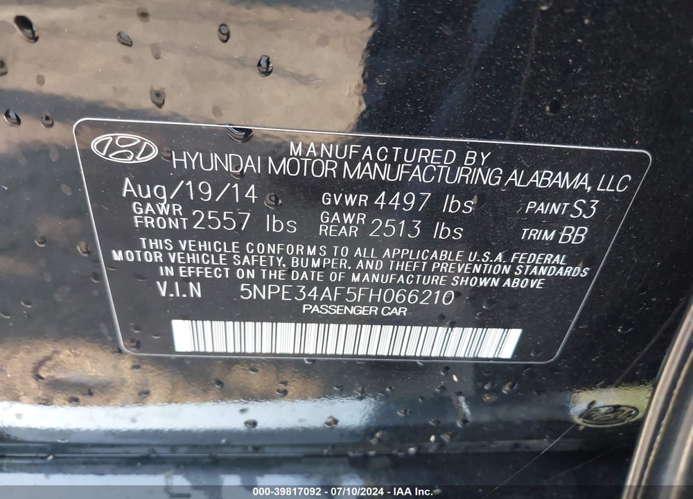 2015 HYUNDAI SONATA LIMITED VIN: 5NPE34AF5FH066210