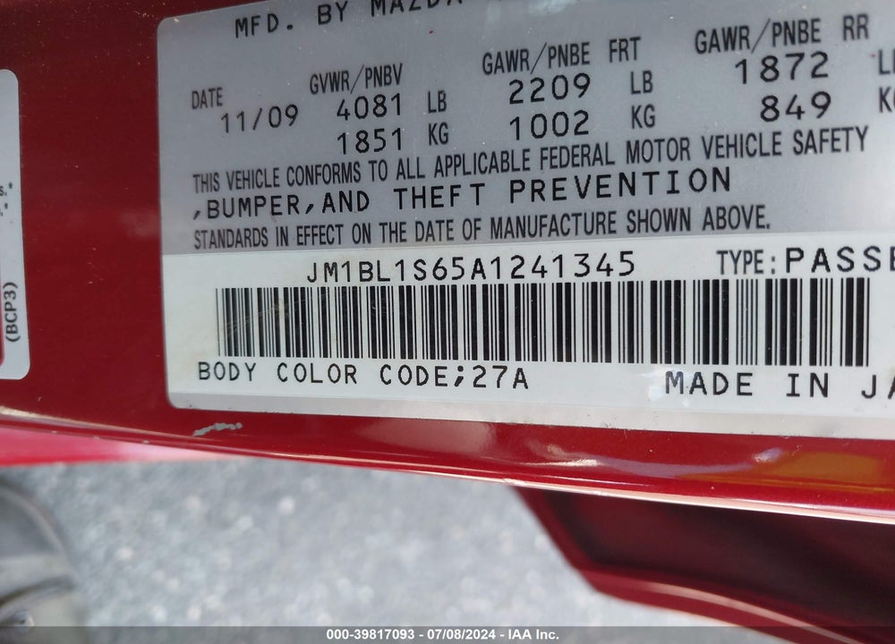 2010 MAZDA 3 S SPORT VIN: JM1BL1S65A1241345
