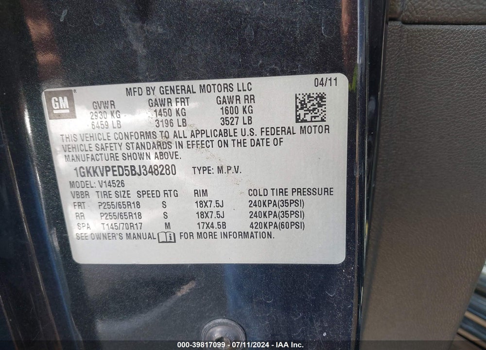 2011 GMC ACADIA SLE VIN: 1GKKVPED5BJ348280