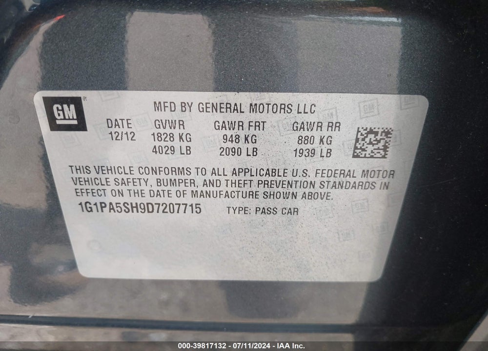 2013 CHEVROLET CRUZE LS AUTO VIN: 1G1PA5SH9D7207715