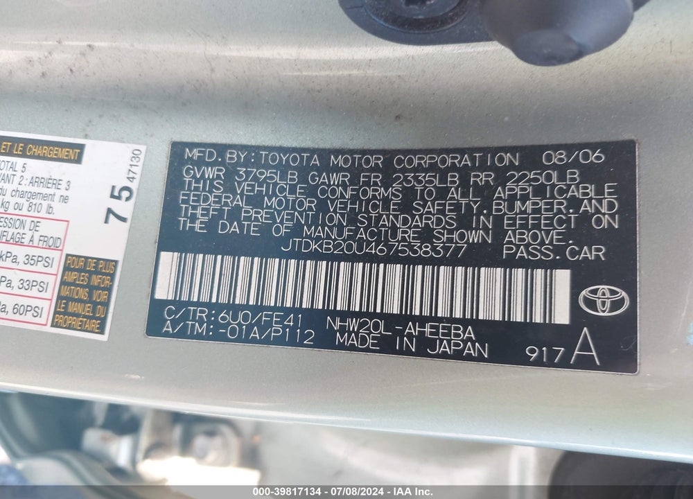 2006 TOYOTA PRIUS VIN: JTDKB20U467538377