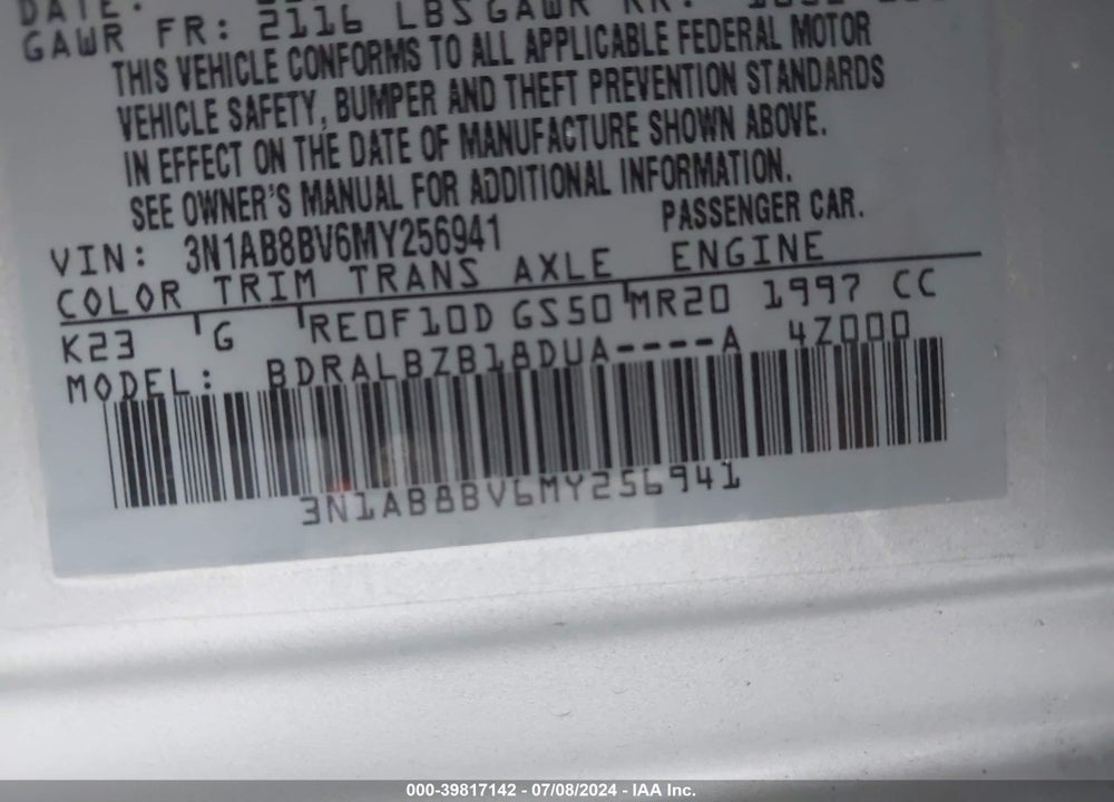 2021 NISSAN SENTRA S XTRONIC CVT VIN: 3N1AB8BV6MY256941