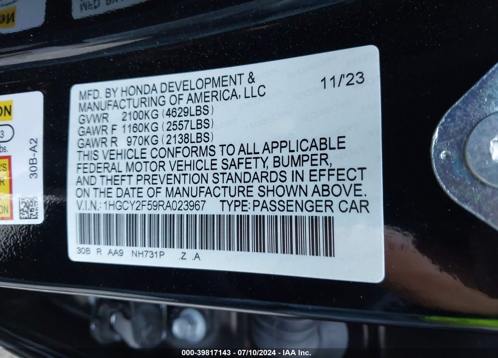 2024 HONDA ACCORD HYBRID SPORT VIN: 1HGCY2F59RA023967
