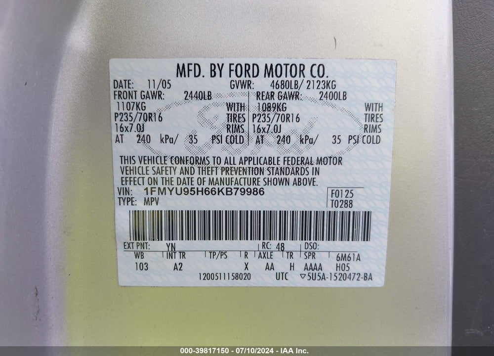 2006 FORD ESCAPE HYBRID VIN: 1FMYU95H66KB79986
