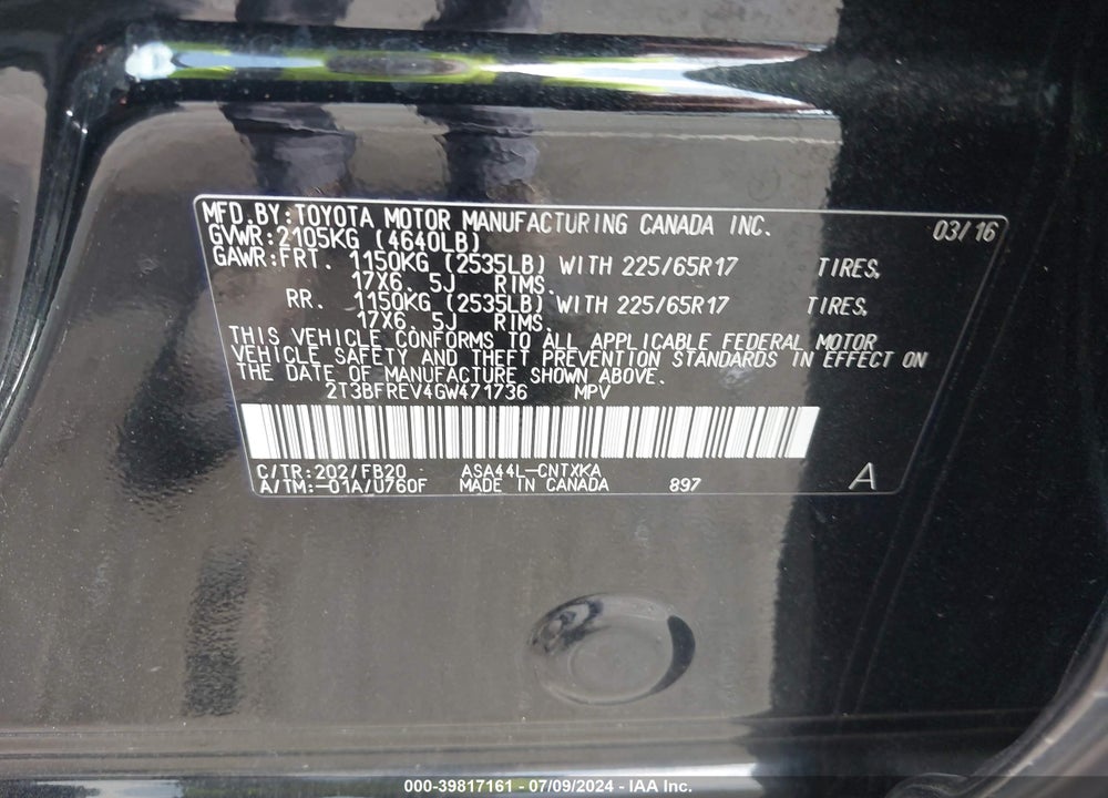 2016 TOYOTA RAV4 LE VIN: 2T3BFREV4GW471736