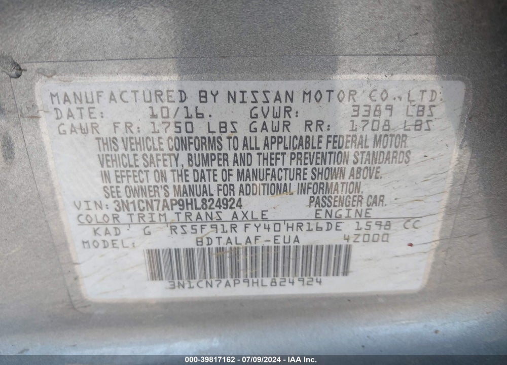 2017 NISSAN VERSA VIN: 3N1CN7AP9HL824924