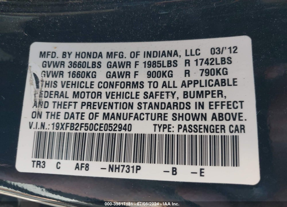 2012 HONDA CIVIC LX VIN: 19XFB2F50CE052940