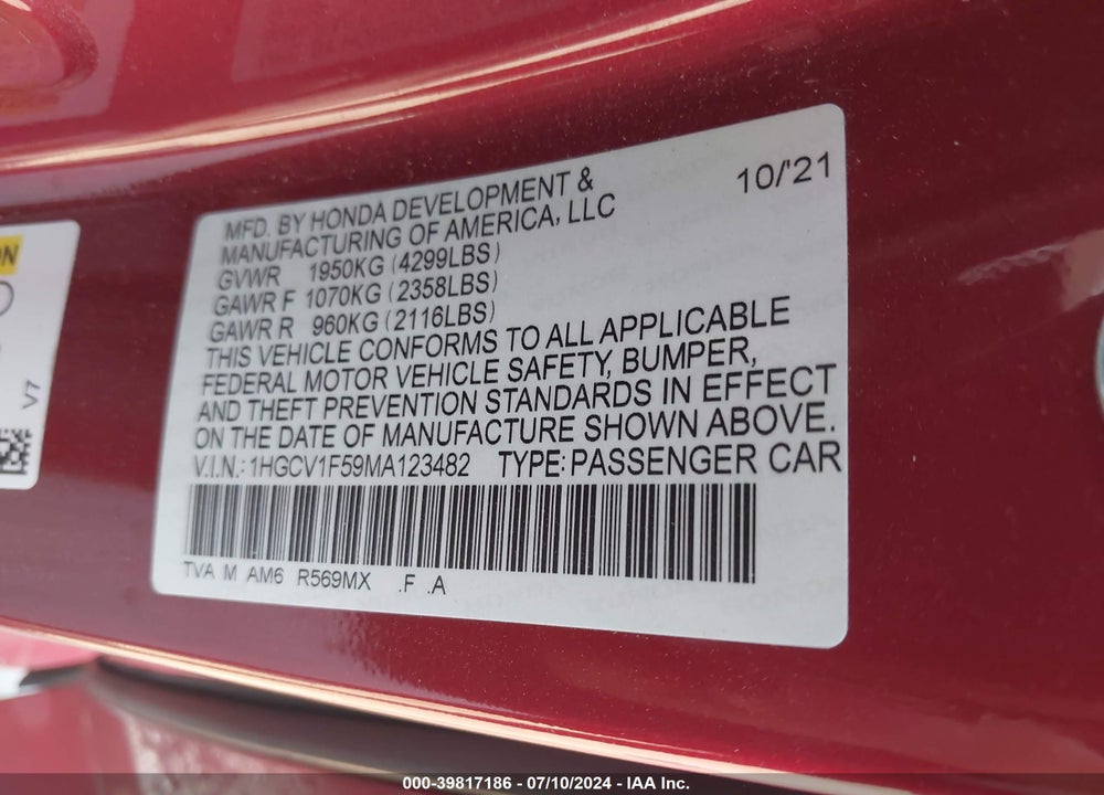2021 HONDA ACCORD EX-L VIN: 1HGCV1F59MA123482