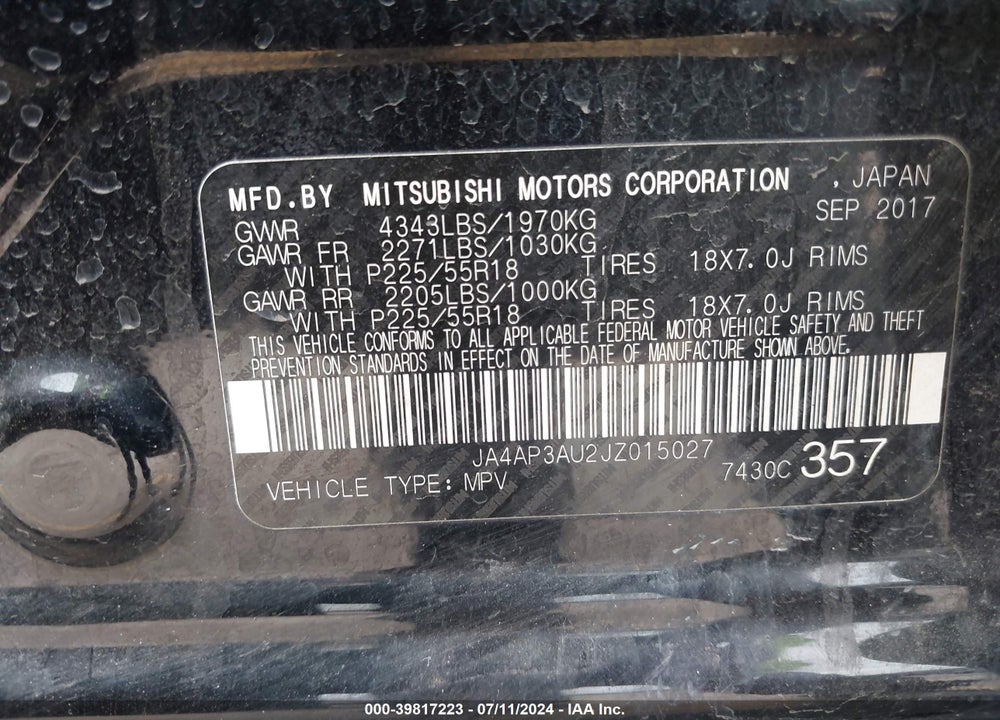 2018 MITSUBISHI OUTLANDER SPORT 2.0 ES VIN: JA4AP3AU2JZ015027