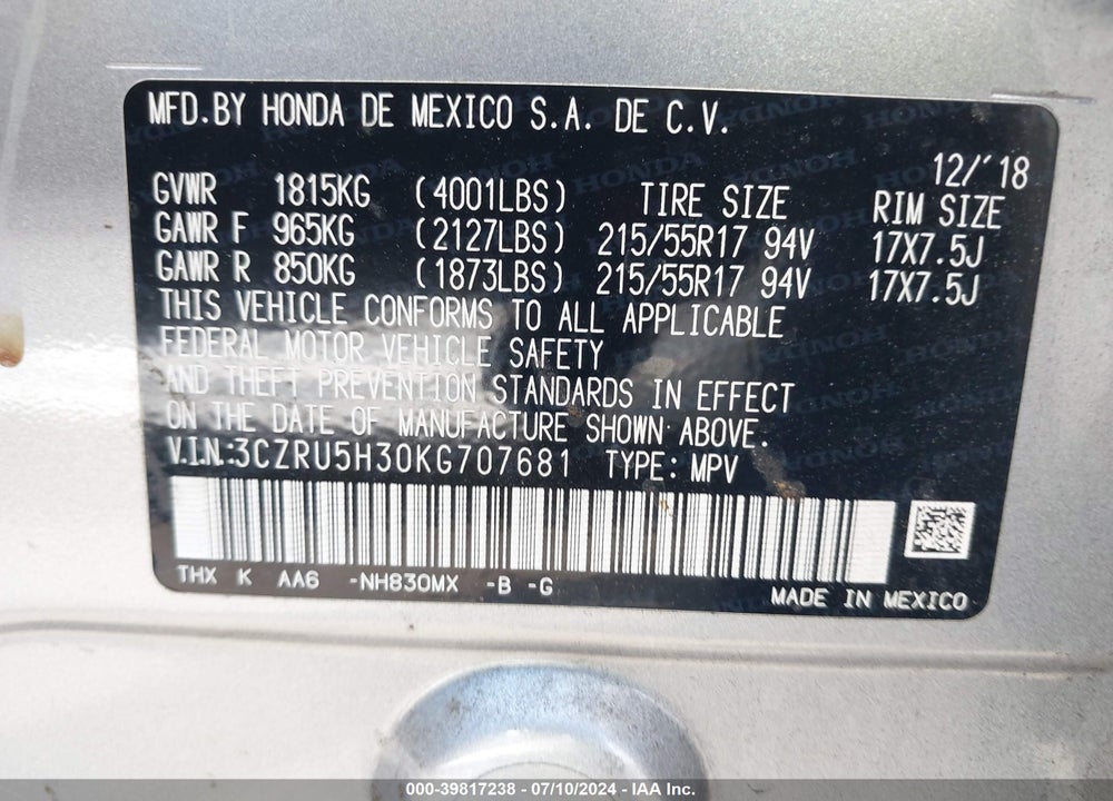 2019 HONDA HR-V LX VIN: 3CZRU5H30KG707681