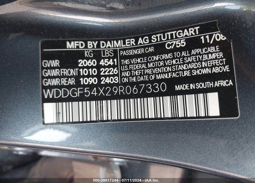 2009 MERCEDES-BENZ C 300 LUXURY/SPORT VIN: WDDGF54X29R067330