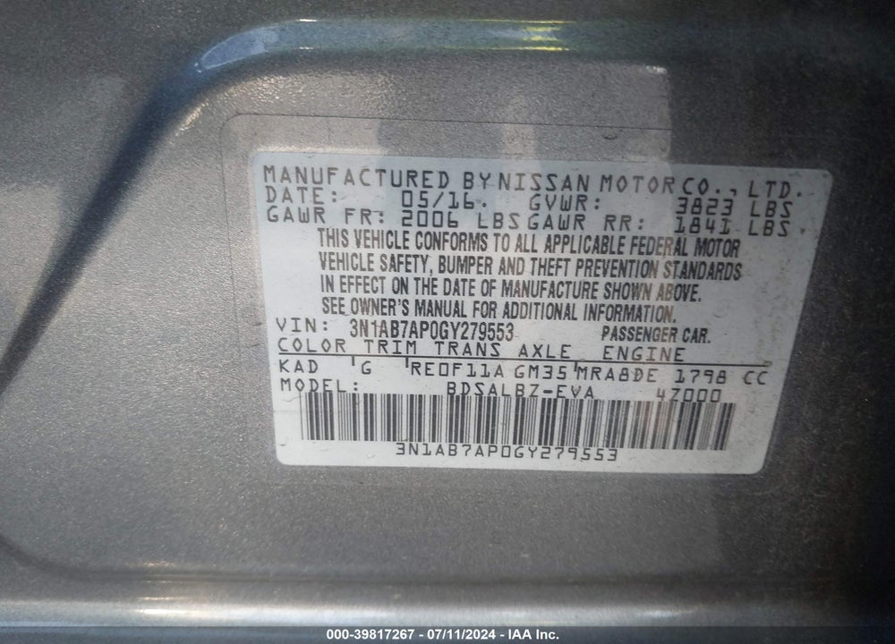 2016 NISSAN SENTRA S VIN: 3N1AB7AP0GY279553