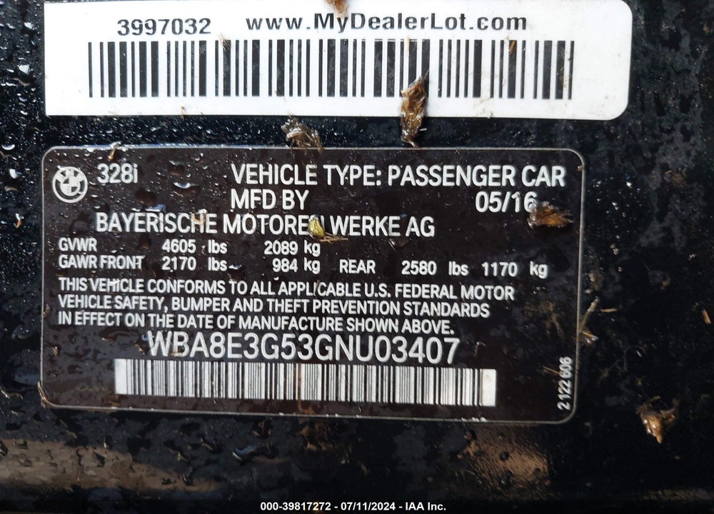 2016 BMW 328I XDRIVE VIN: WBA8E3G53GNU03407