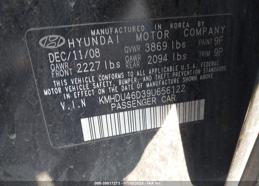 2009 HYUNDAI ELANTRA SE VIN: KMHDU46D39U656122