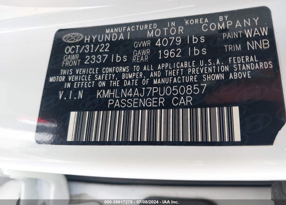 2023 HYUNDAI ELANTRA HYBRID LIMITED VIN: KMHLN4AJ7PU050857