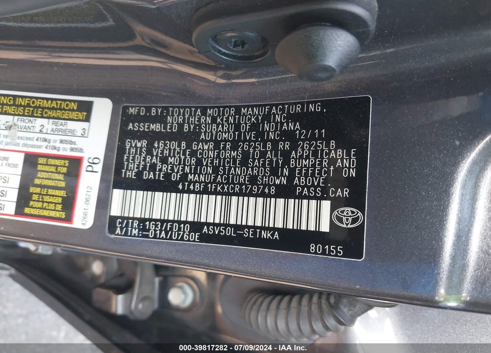 2012 TOYOTA CAMRY LE VIN: 4T4BF1FKXCR179748