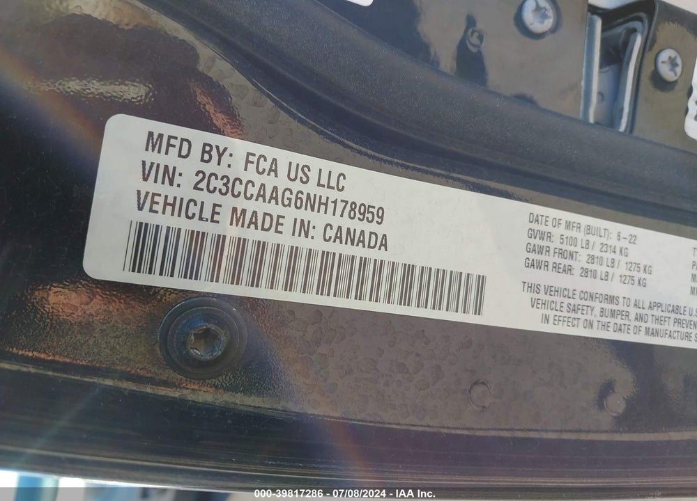 2022 CHRYSLER 300 TOURING VIN: 2C3CCAAG6NH178959