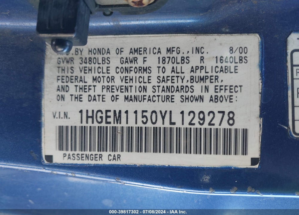 2000 HONDA CIVIC SI VIN: 1HGEM1150YL129278