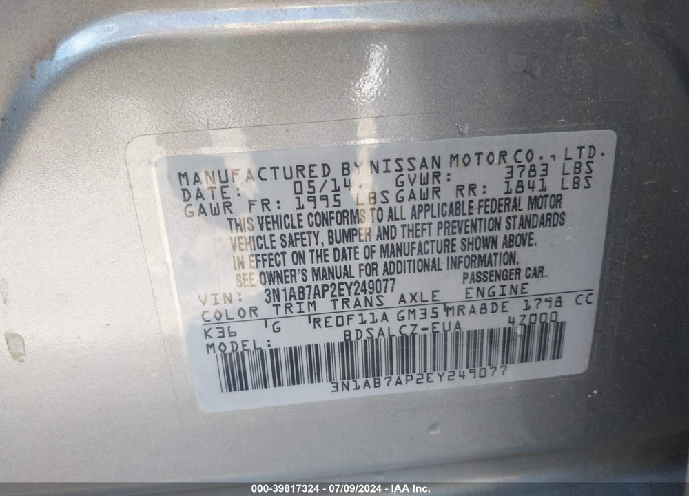 2014 NISSAN SENTRA S VIN: 3N1AB7AP2EY249077