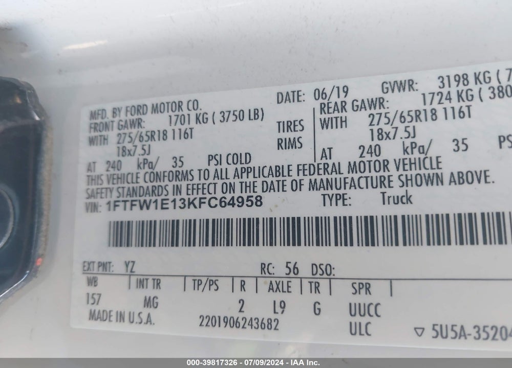 2019 FORD F-150 XLT VIN: 1FTFW1E13KFC64958