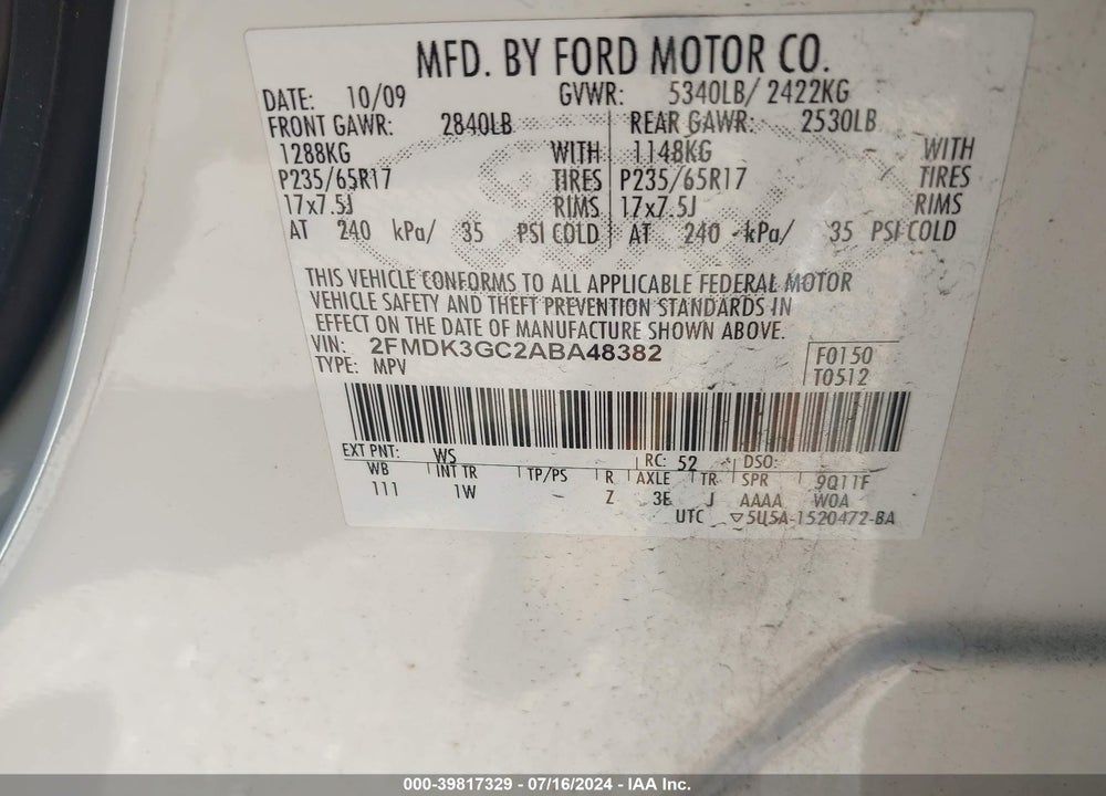 2010 FORD EDGE SE VIN: 2FMDK3GC2ABA48382