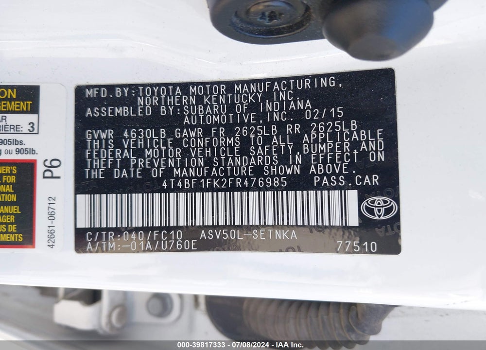 2015 TOYOTA CAMRY LE VIN: 4T4BF1FK2FR476985