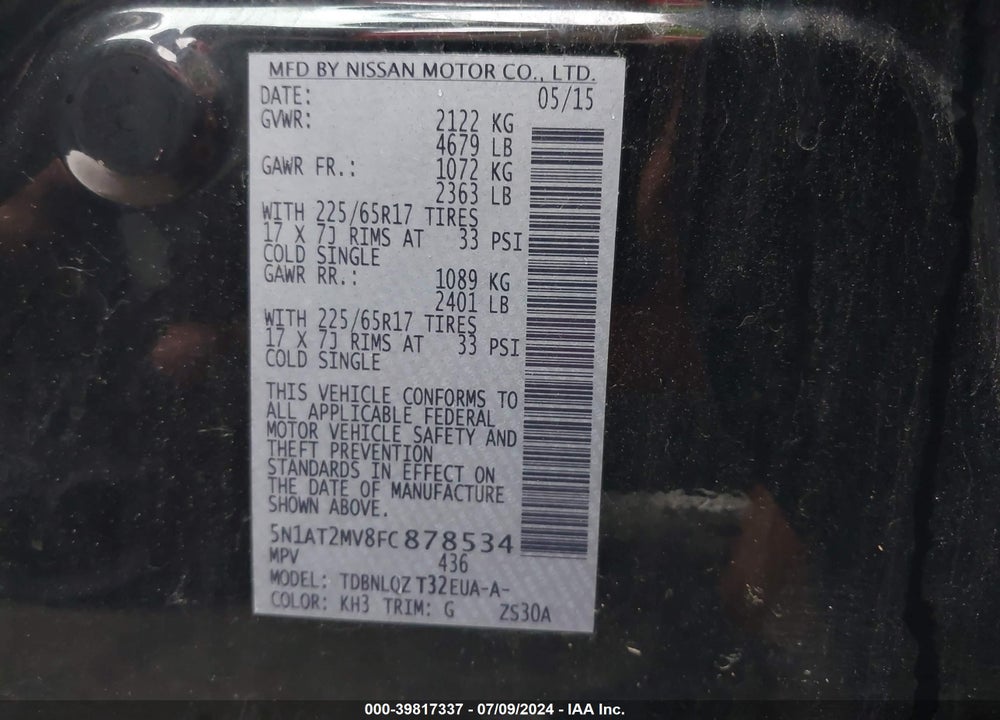 2015 NISSAN ROGUE SV VIN: 5N1AT2MV8FC878534